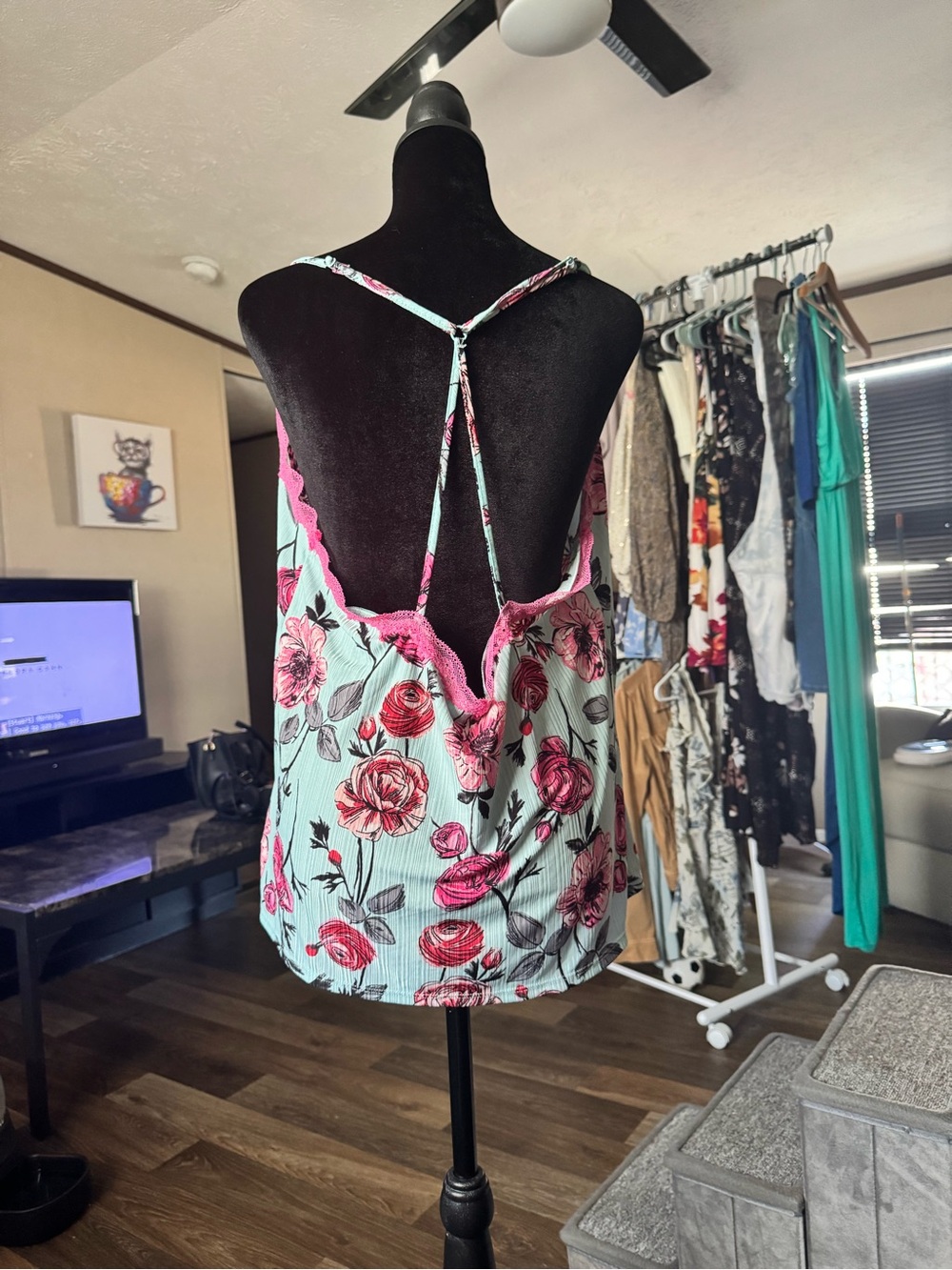 Secret Treasures Mint Floral Camisole with Pink Lace Trim - Picture 2 of 3
